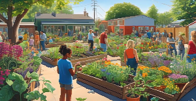 A lively community garden with people of various ages tending to plants, under warm sunlight.
