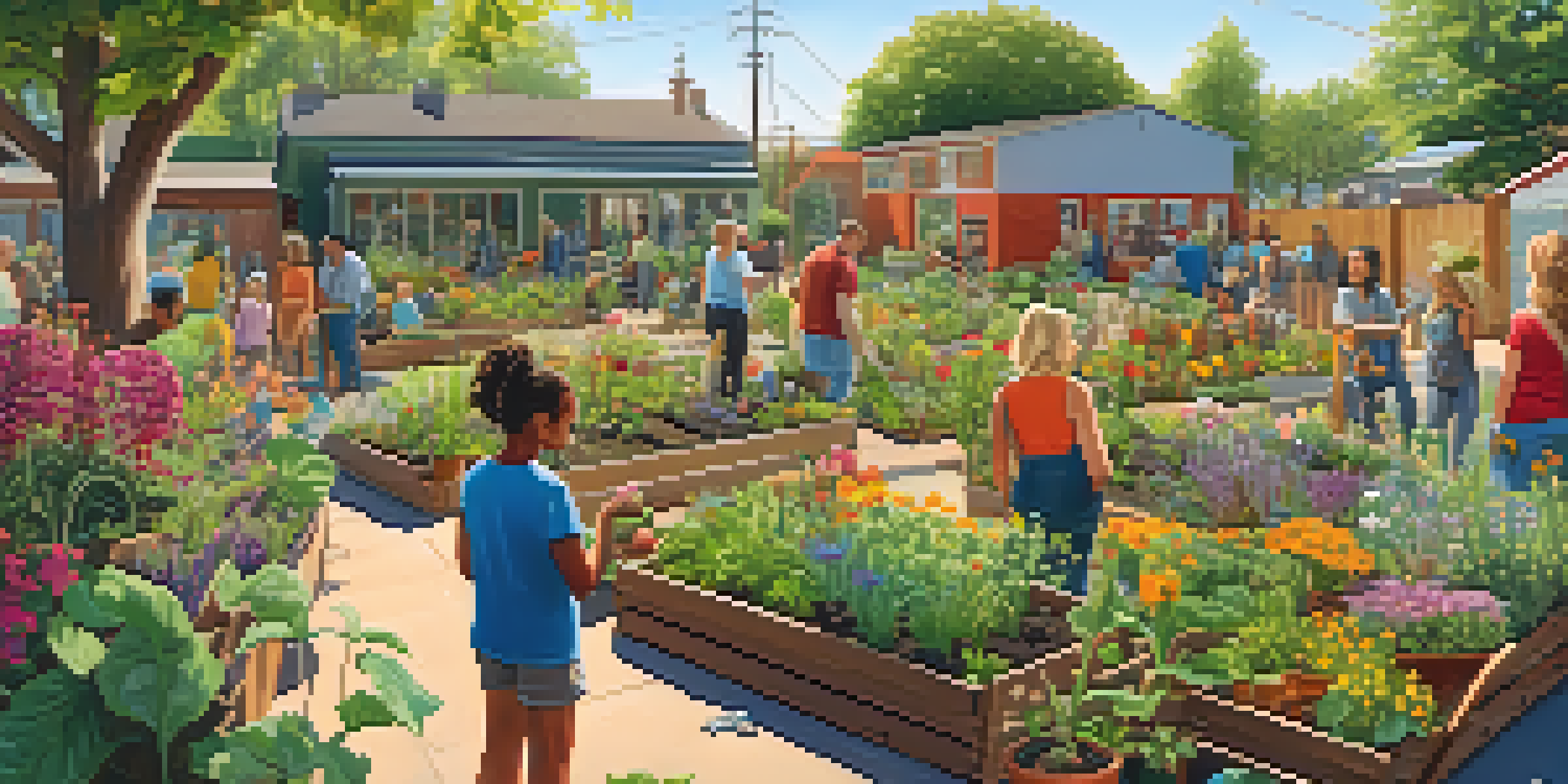 A lively community garden with people of various ages tending to plants, under warm sunlight.