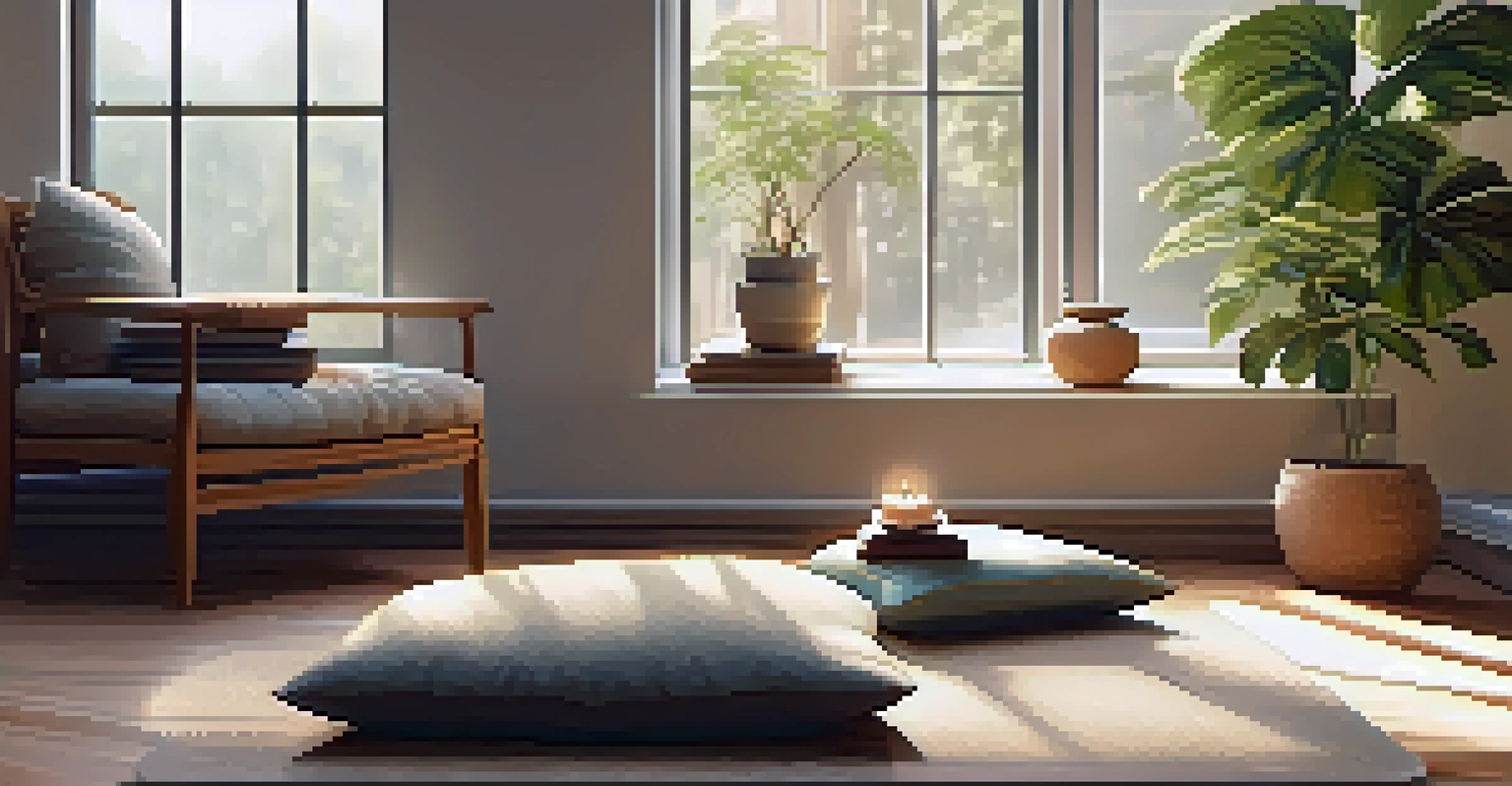 A cozy meditation corner indoors with cushions, a candle, and natural light streaming through a window.