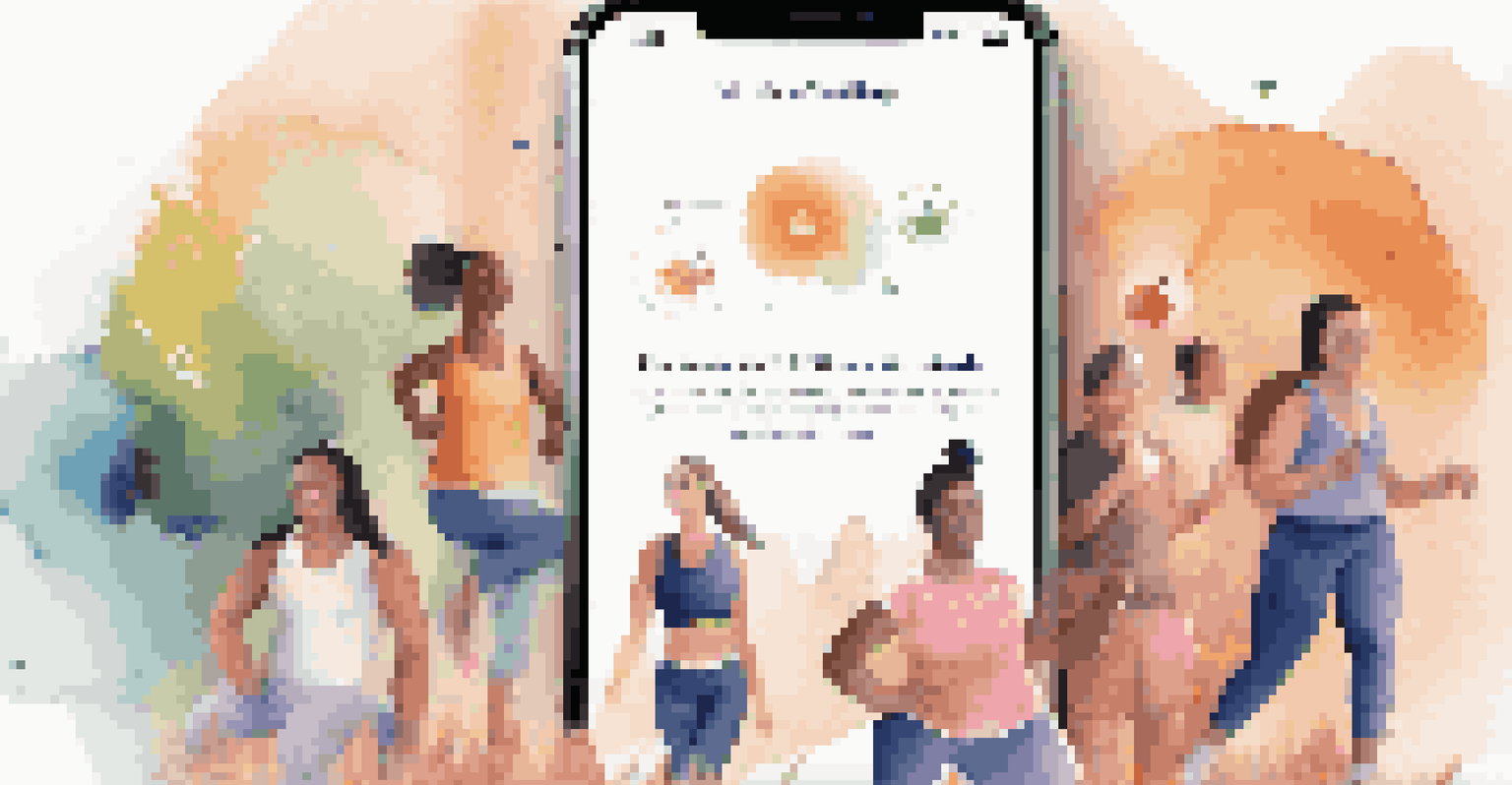 A smartphone displaying a wellness app interface with community events and resources, while friends engage in a virtual fitness challenge in the background.