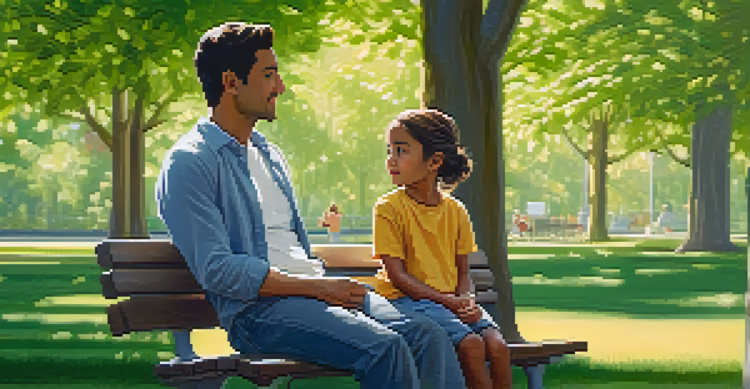 A parent listening to their child on a park bench in a serene setting.