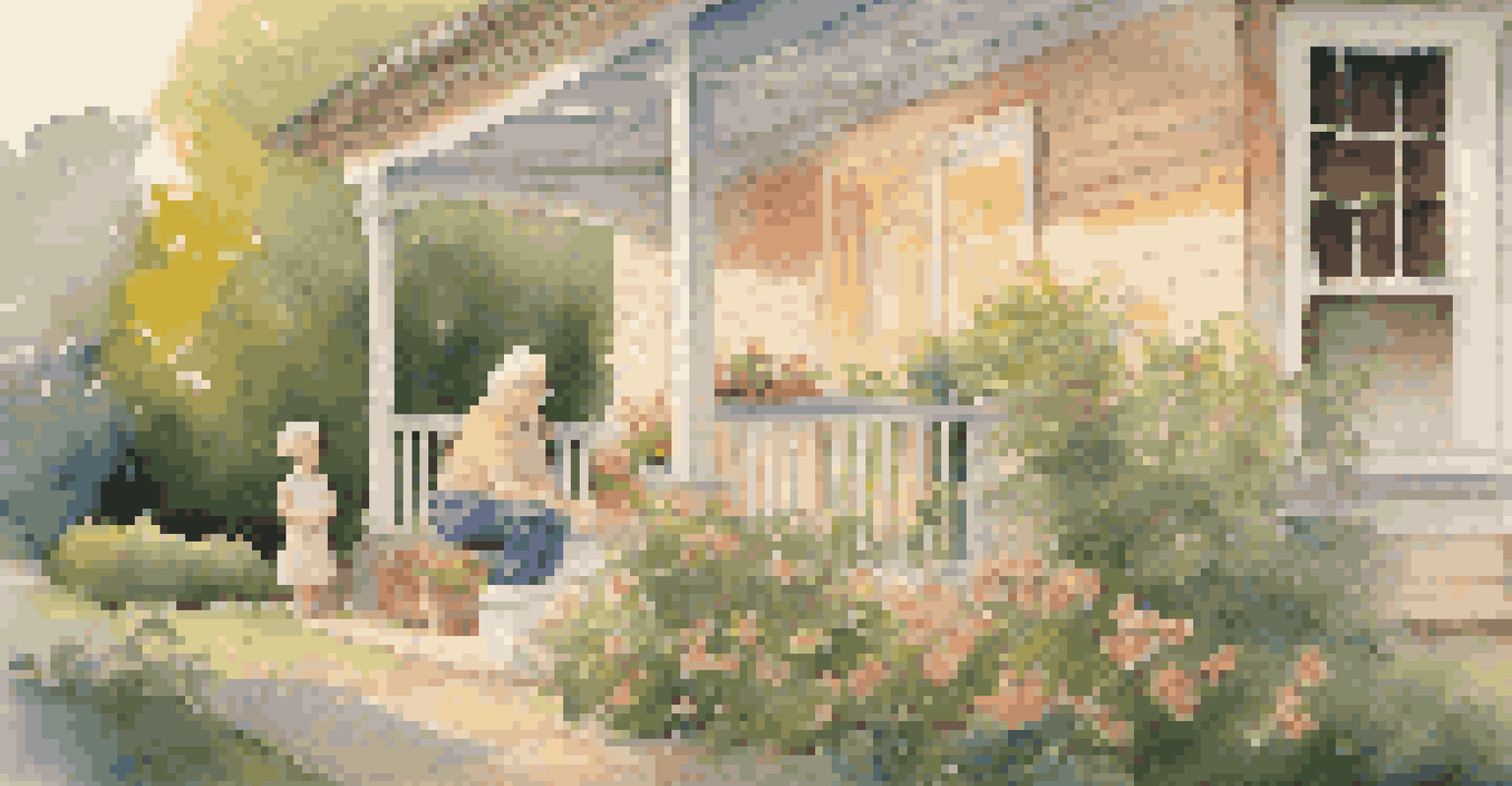 A young child giving flowers to an elderly neighbor on a porch during sunset, showcasing a moment of kindness.