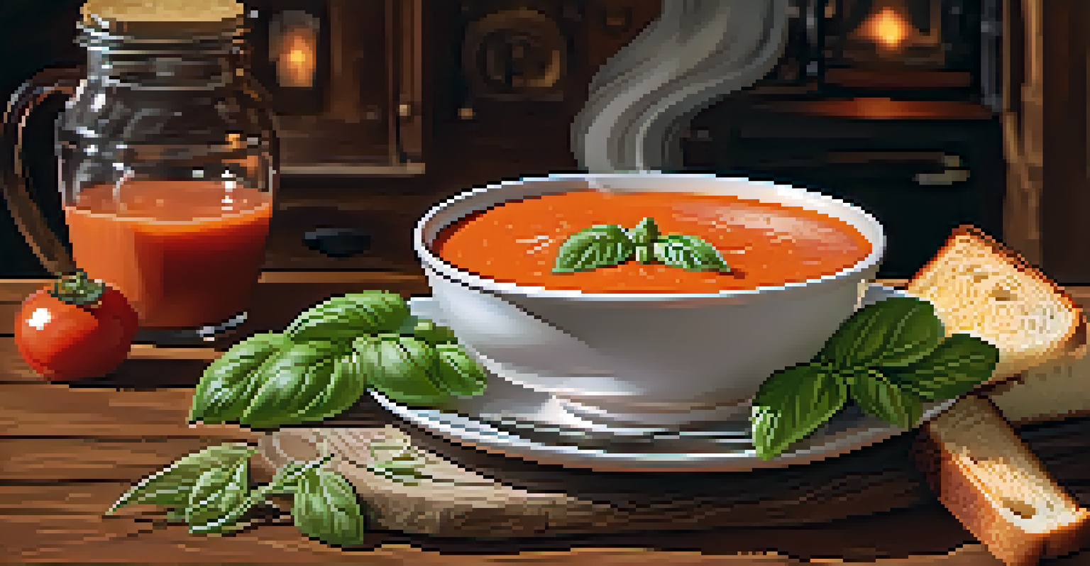 A bowl of creamy tomato basil soup with basil leaves and cream, accompanied by a grilled cheese sandwich on a rustic wooden table.