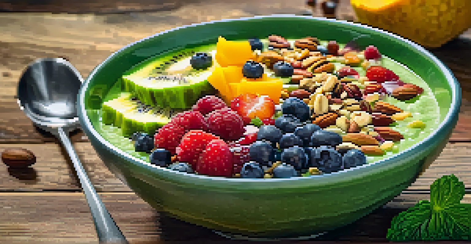 A colorful smoothie bowl with berries and nuts on a rustic wooden table.