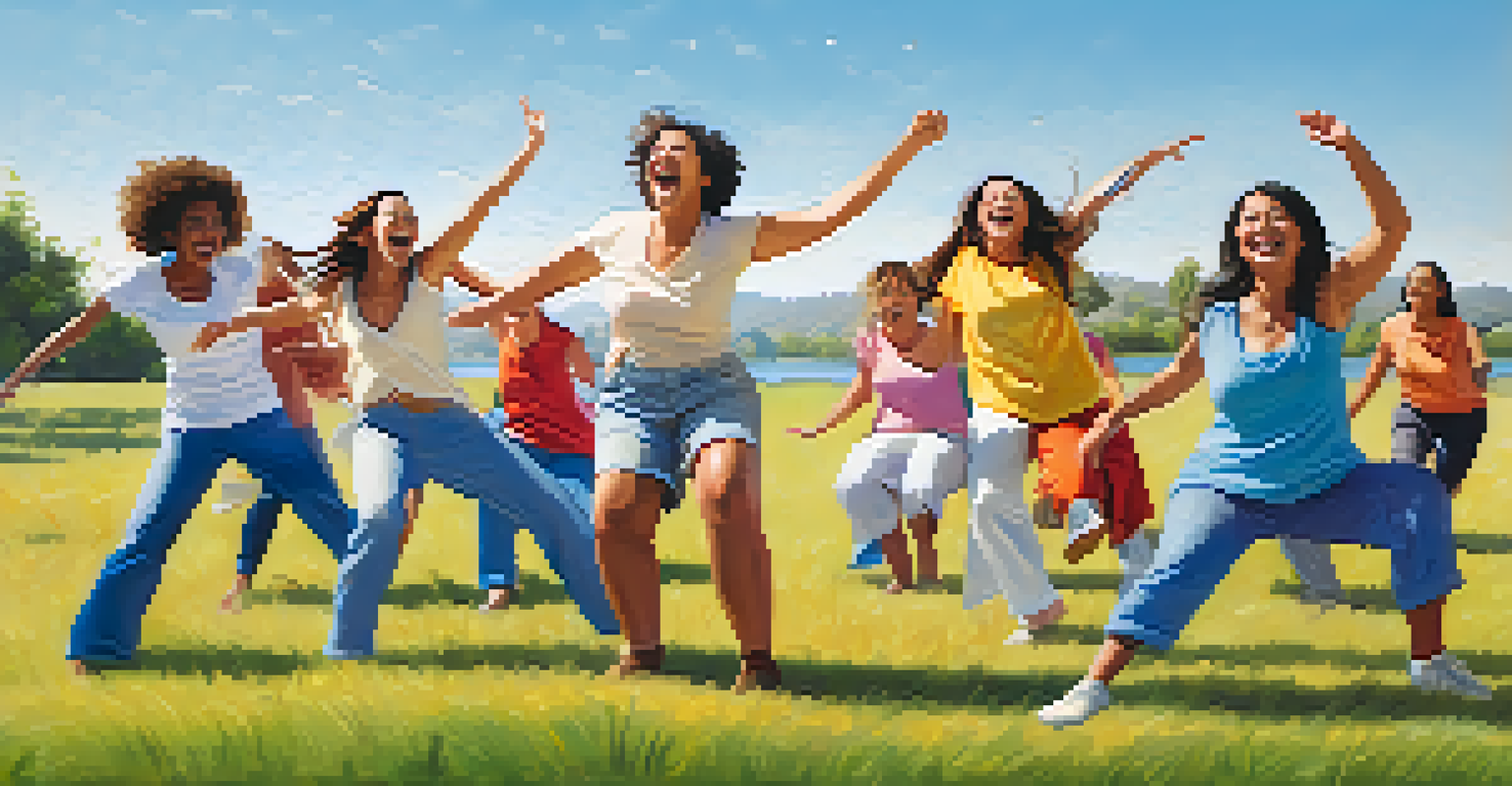 A group of participants in laughter yoga pretending to laugh together in an open field under a blue sky.