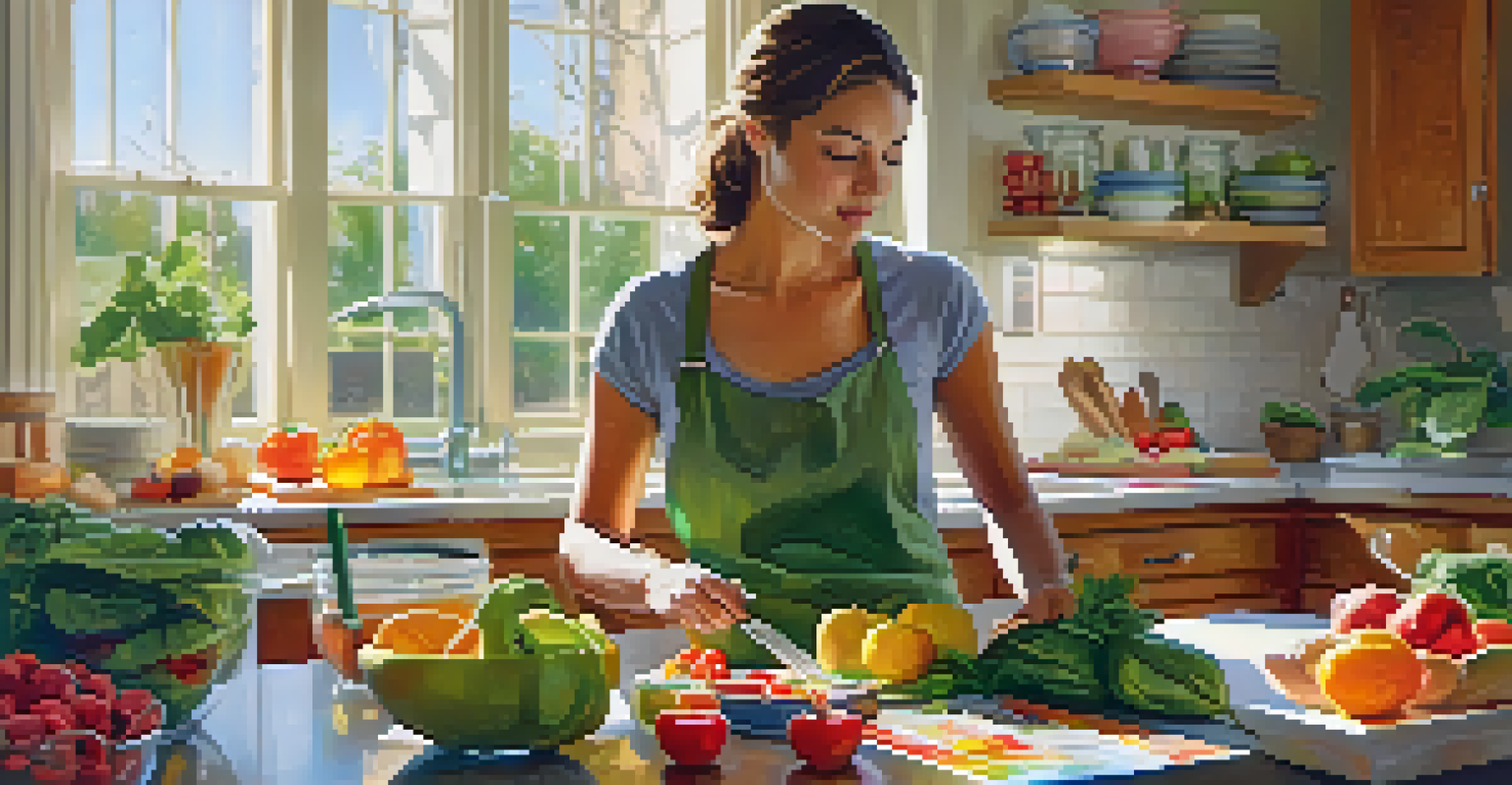 A young adult preparing a nutritious meal in a bright kitchen with colorful vegetables and fruits.