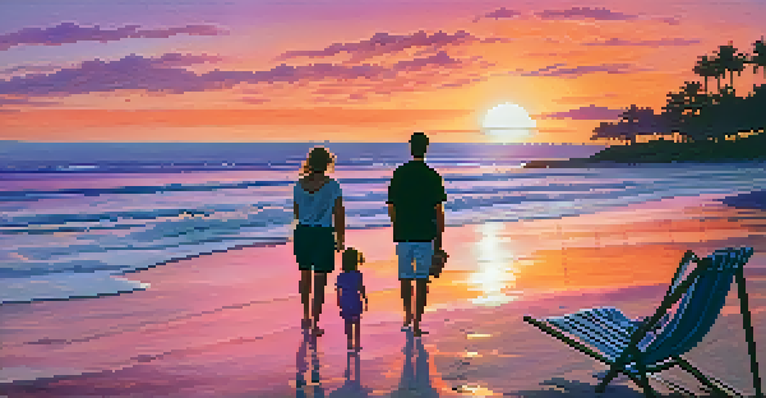 A beach at sunset with silhouettes of people around a bonfire and a couple walking along the shore.