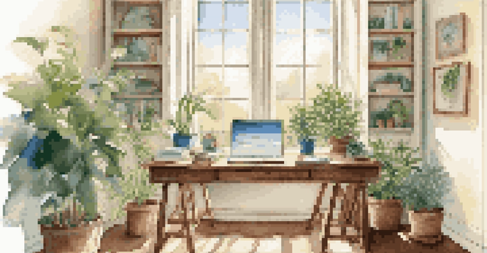 A bright and organized indoor workspace with a desk by a window, surrounded by indoor plants and a view of nature outside.