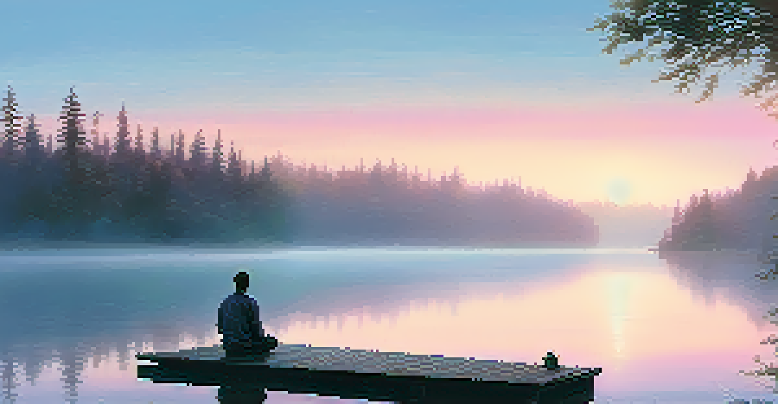 A person meditating on a dock by a misty lake at sunrise, with pastel skies and silhouetted trees.