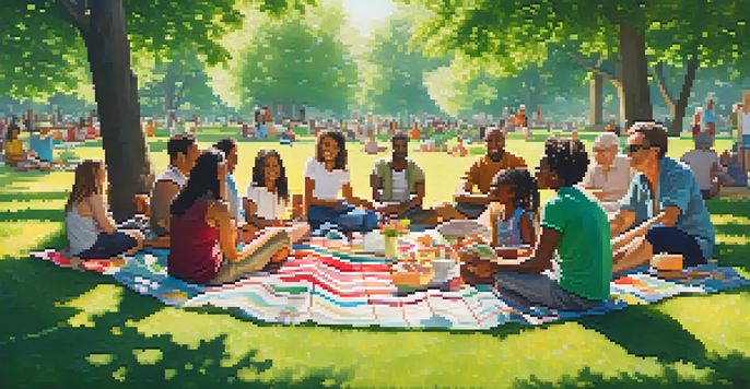 A community gathering in a sunny park with diverse individuals sharing stories and laughter, surrounded by colorful picnic blankets and green trees.