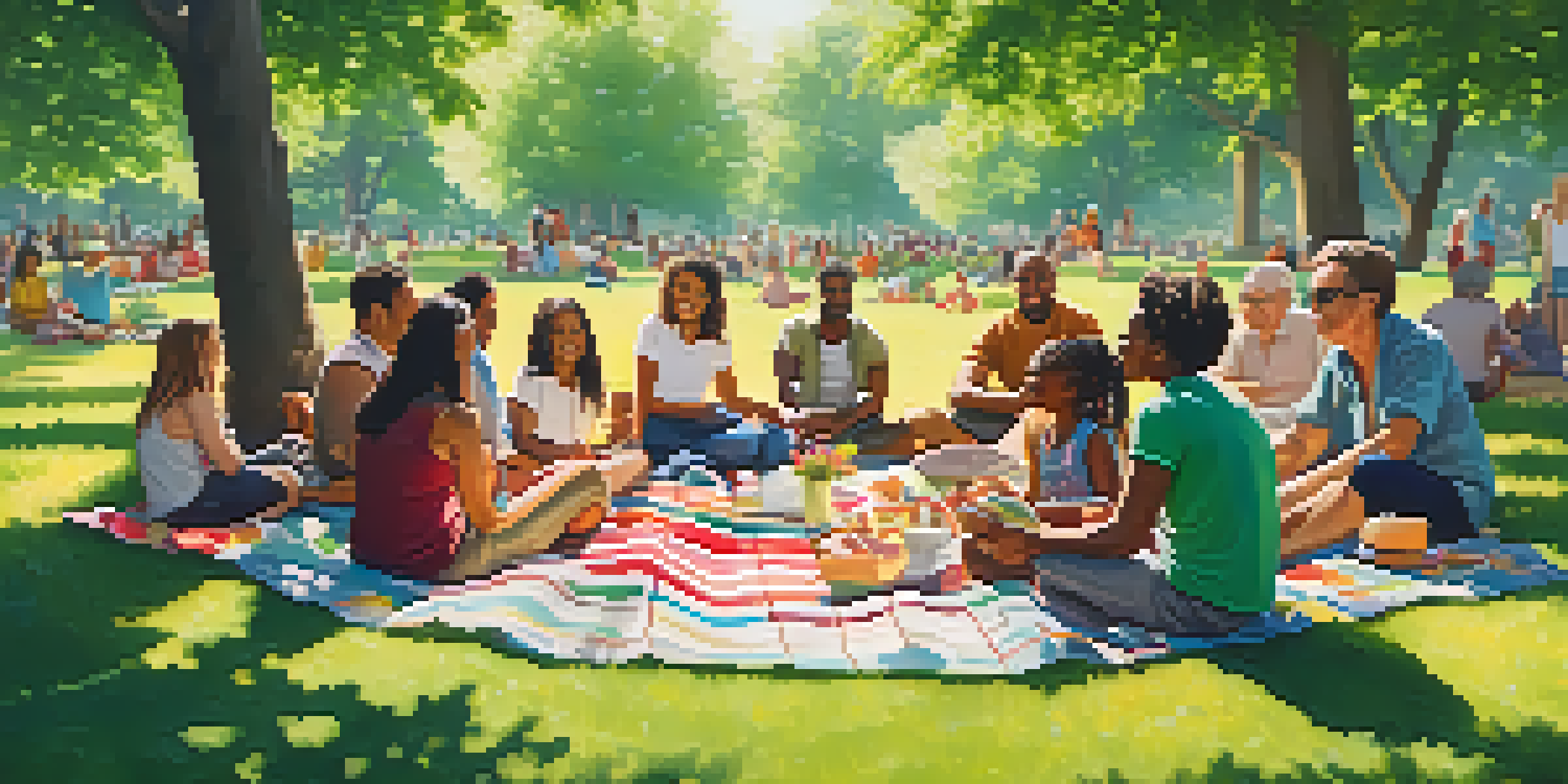A community gathering in a sunny park with diverse individuals sharing stories and laughter, surrounded by colorful picnic blankets and green trees.