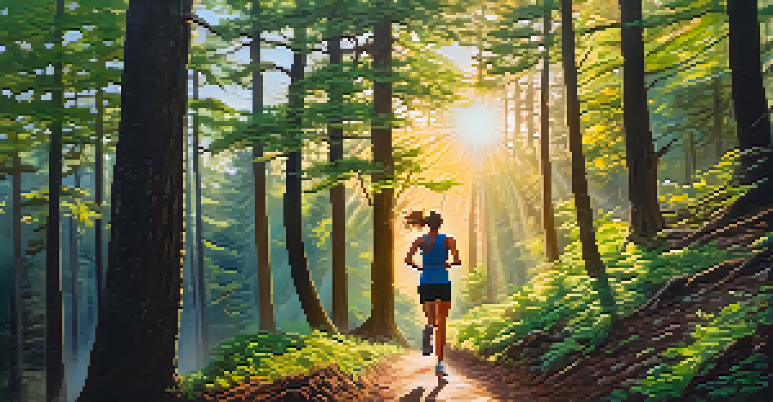 A runner on a scenic trail during sunrise, surrounded by trees and sunlight.