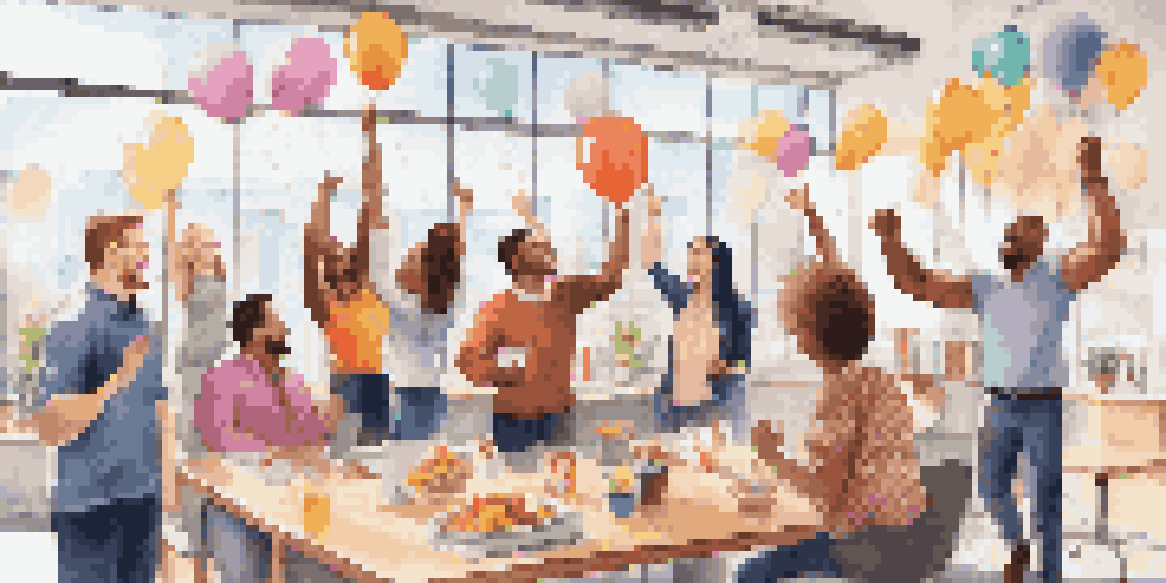 A diverse group of employees celebrating a project success in a bright office with snacks, balloons, and a congratulatory banner.