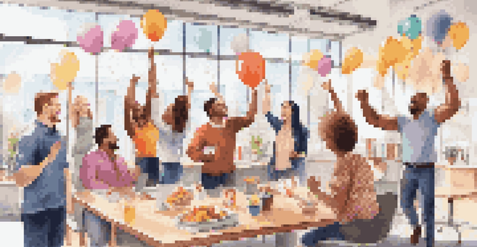 A diverse group of employees celebrating a project success in a bright office with snacks, balloons, and a congratulatory banner.