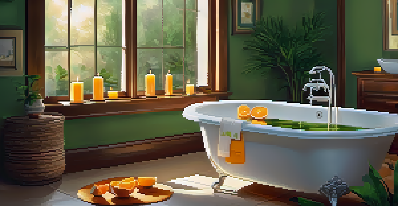 A warm bath with citrus slices floating, surrounded by candles and plants, with a bottle of sweet orange essential oil nearby.