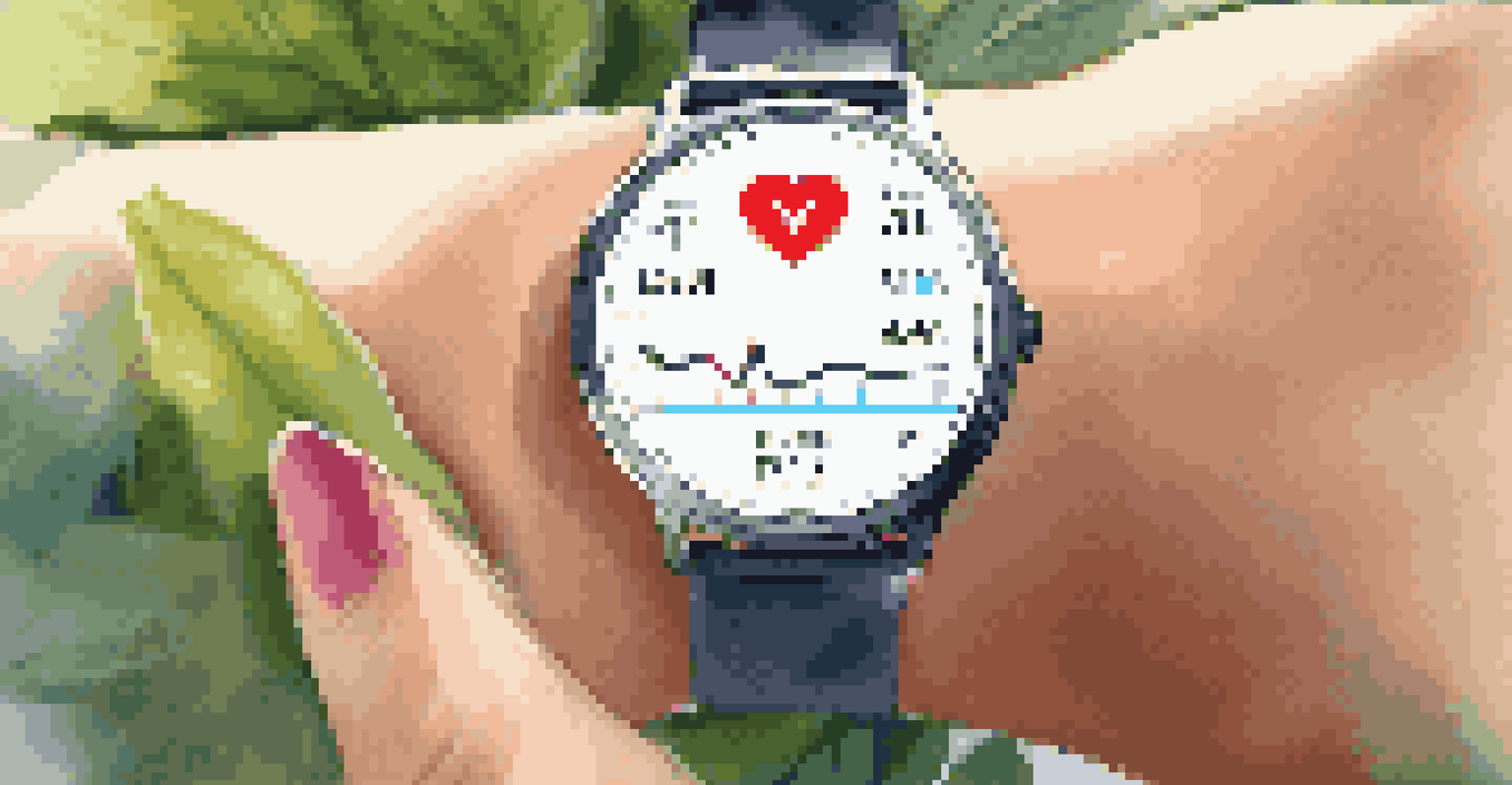 A close-up of a smartwatch on a woman's wrist showing health statistics in a vibrant outdoor setting.