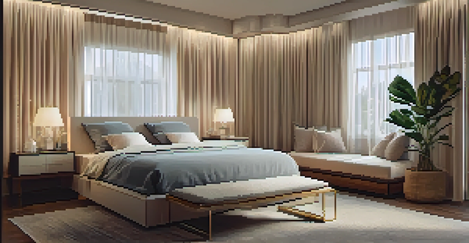 A peaceful bedroom with soft bedding, warm lighting, blackout curtains, and a white noise machine, creating a calming atmosphere for sleep.