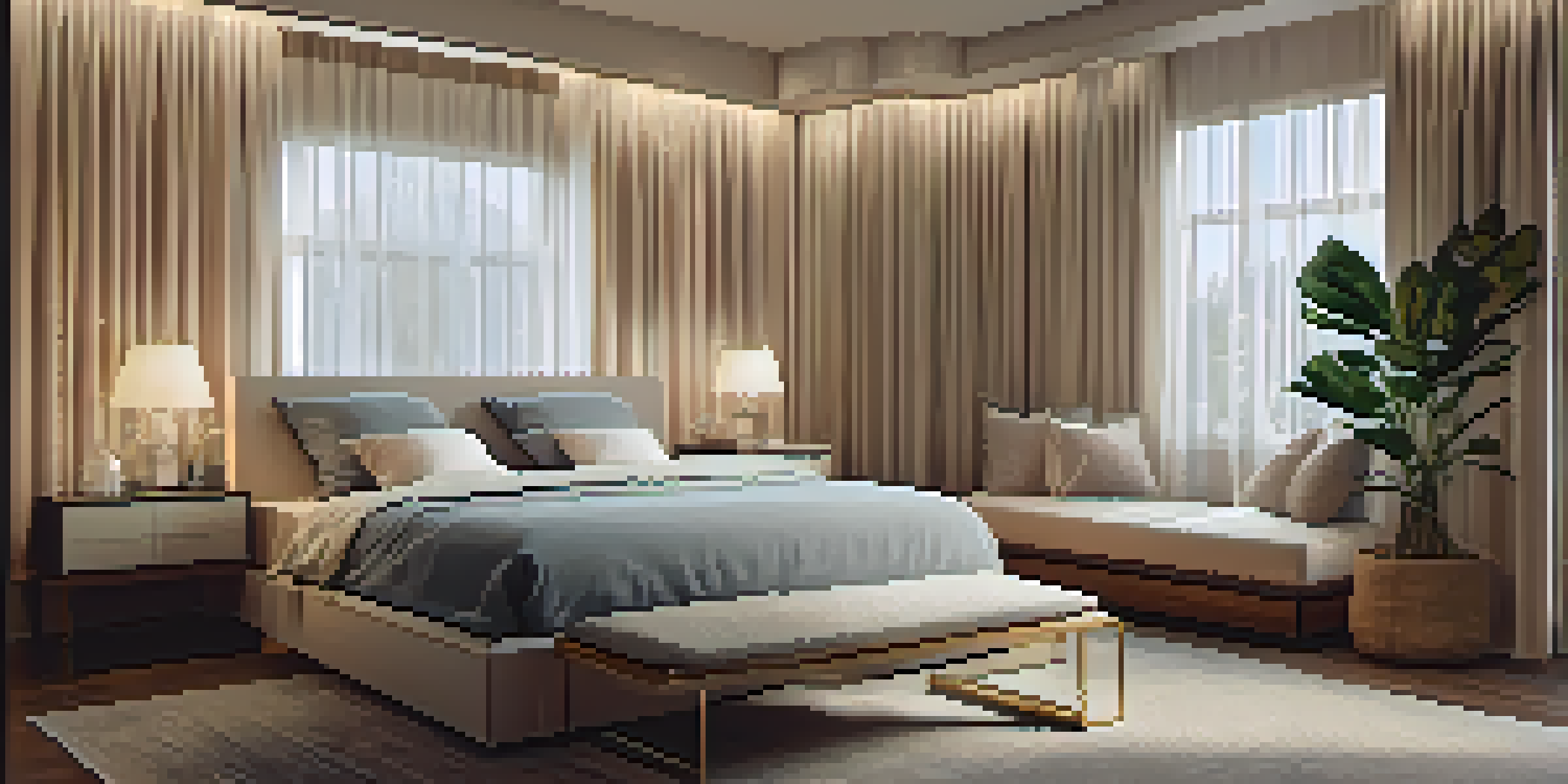 A peaceful bedroom with soft bedding, warm lighting, blackout curtains, and a white noise machine, creating a calming atmosphere for sleep.