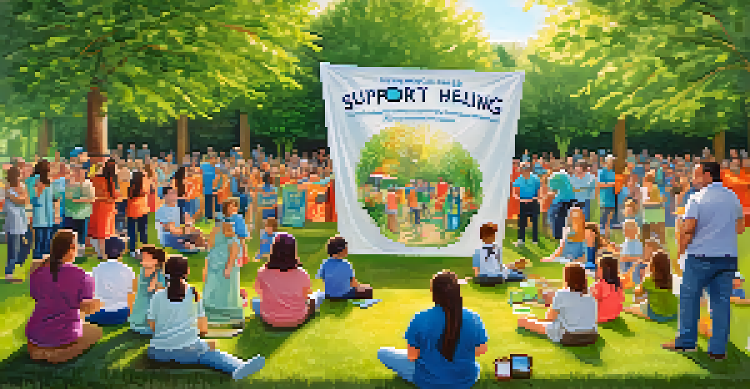A lively outdoor community event dedicated to trauma awareness, with families engaging in activities and a banner promoting support and healing.
