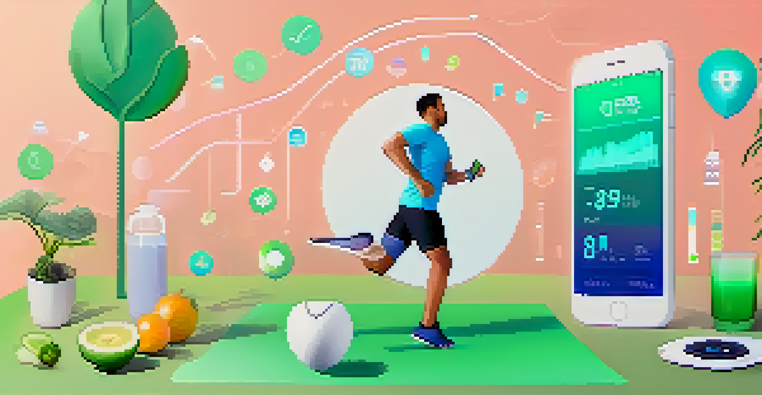 A person interacting with a fitness tracker, with digital health icons surrounding them, set against a soothing gradient background.