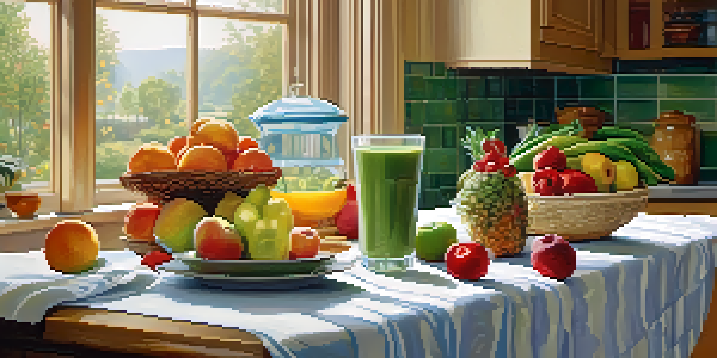 A bright kitchen with a wooden table full of fresh fruits and vegetables, and a green smoothie in a glass jar, illuminated by morning light.