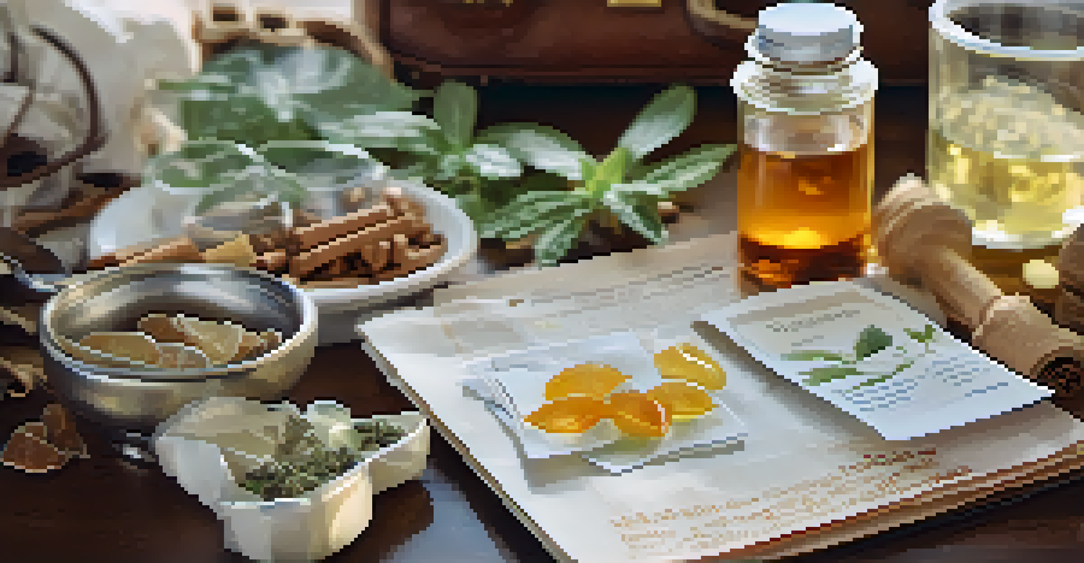 A table displaying ginger candies, peppermint tea bags, and essential oils, with a blurred suitcase in the background.
