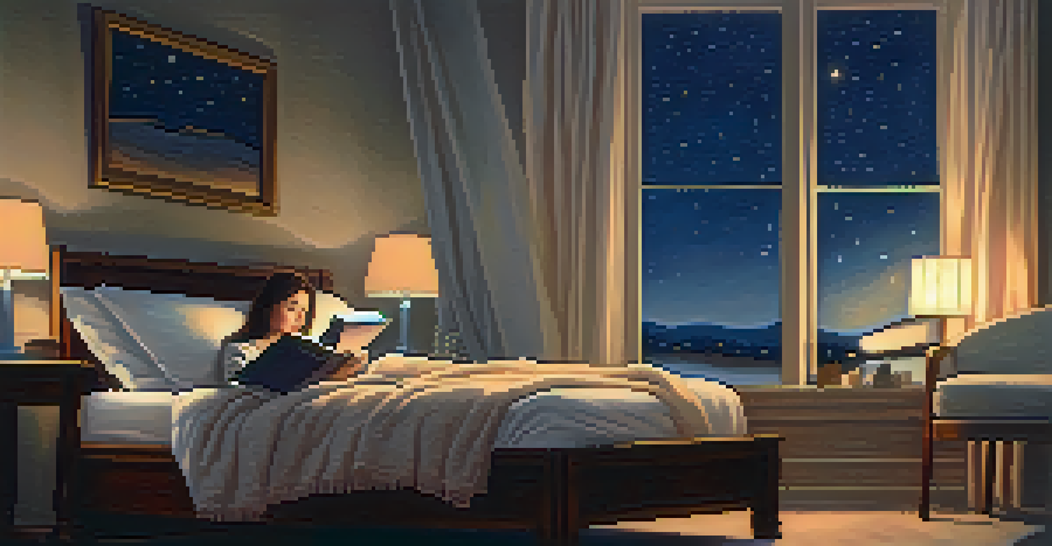 A woman reading in bed with warm lighting and a starry night visible through the window.