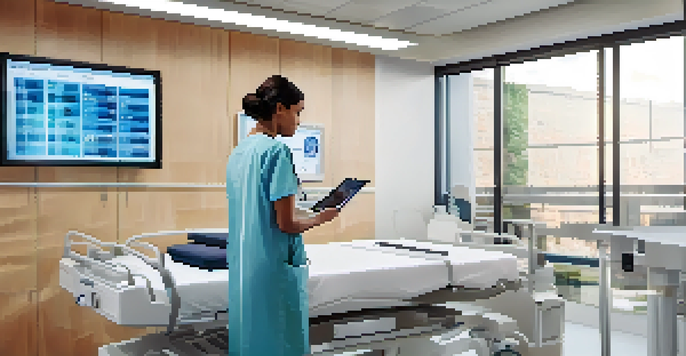 A doctor in a bright clinic accessing digital patient records on a tablet, with medical charts and a digital display in the background.