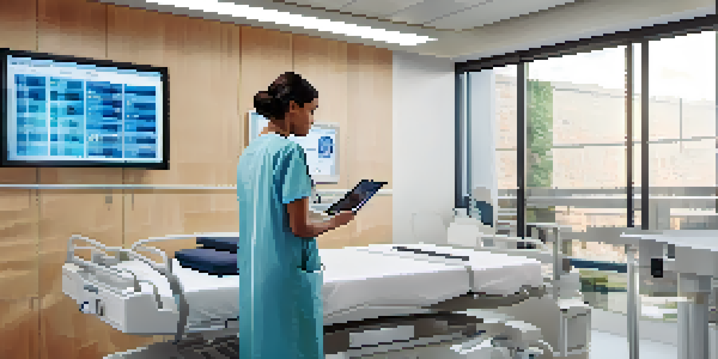 A doctor in a bright clinic accessing digital patient records on a tablet, with medical charts and a digital display in the background.