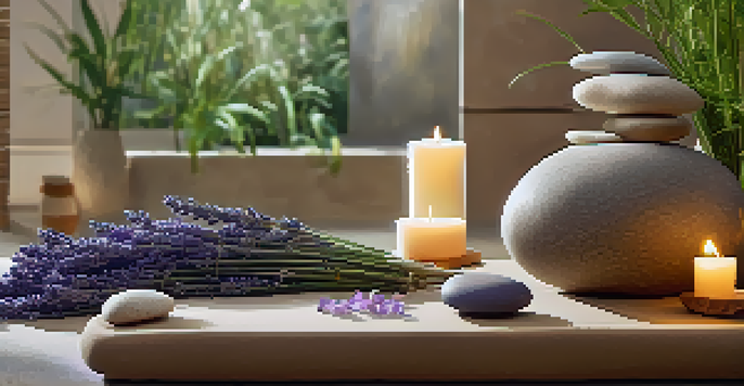 A tranquil spa setting with a massage table, essential oil diffusers, and lavender sprigs.
