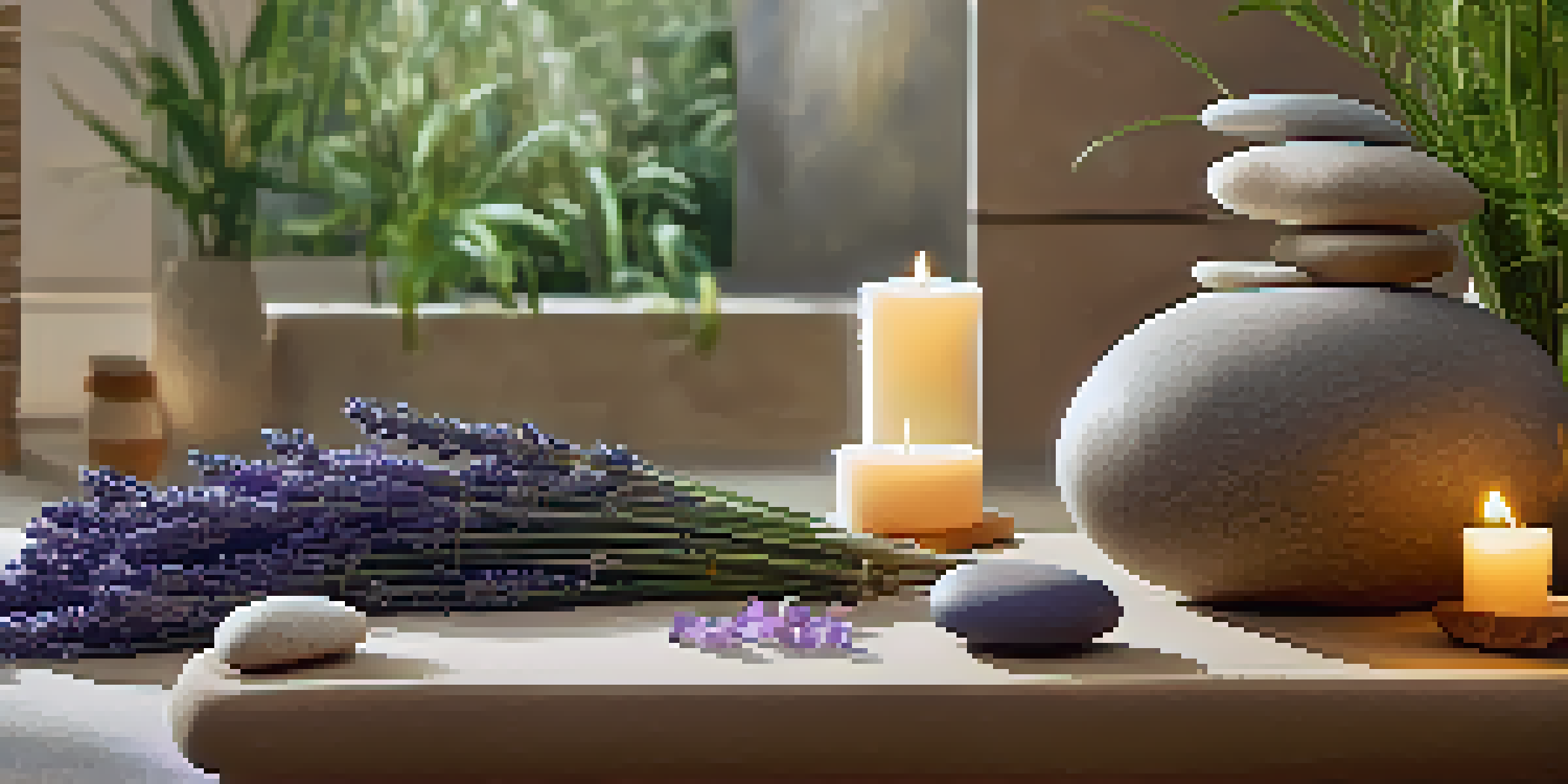 A tranquil spa setting with a massage table, essential oil diffusers, and lavender sprigs.