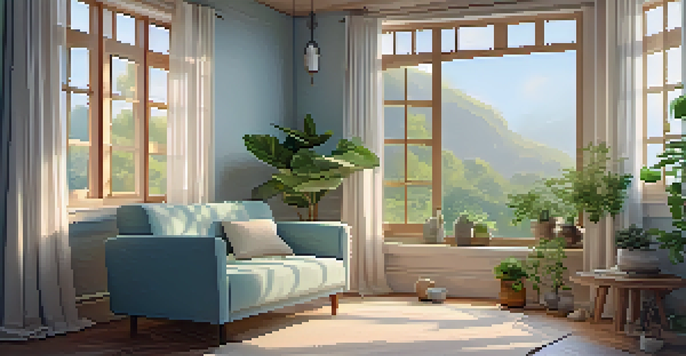 A cozy mindfulness space by a window with a plush armchair, indoor plants, and soft sunlight.
