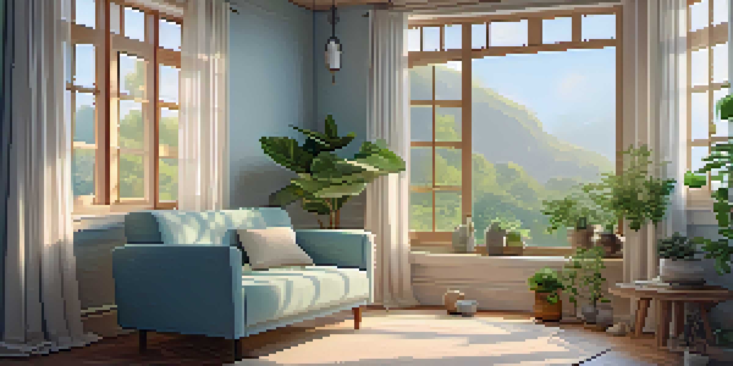 A cozy mindfulness space by a window with a plush armchair, indoor plants, and soft sunlight.