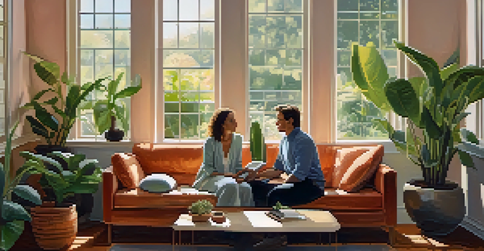 A couple sitting on a couch with a therapist in a warm and inviting therapy room, engaged in conversation.