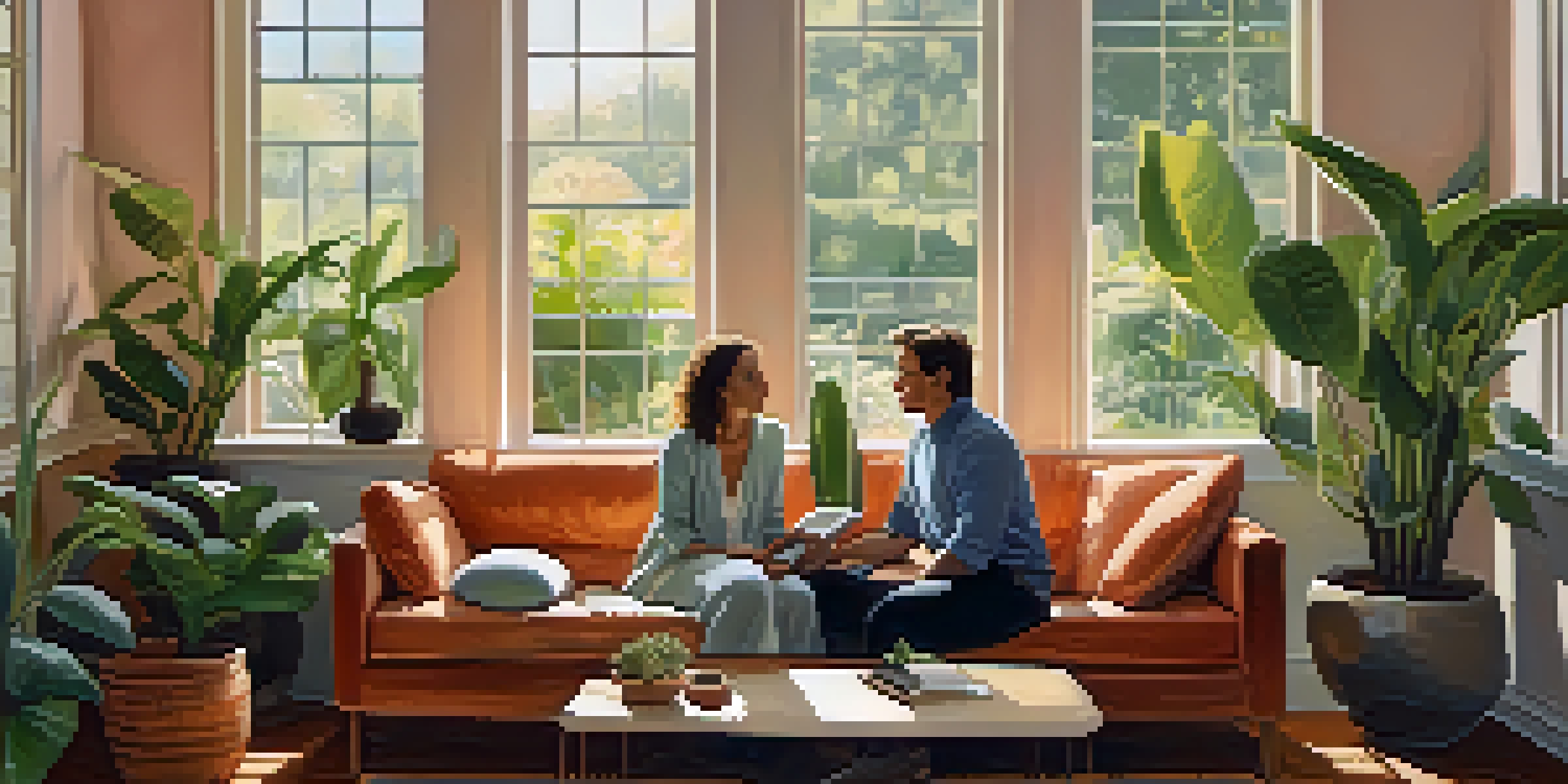 A couple sitting on a couch with a therapist in a warm and inviting therapy room, engaged in conversation.