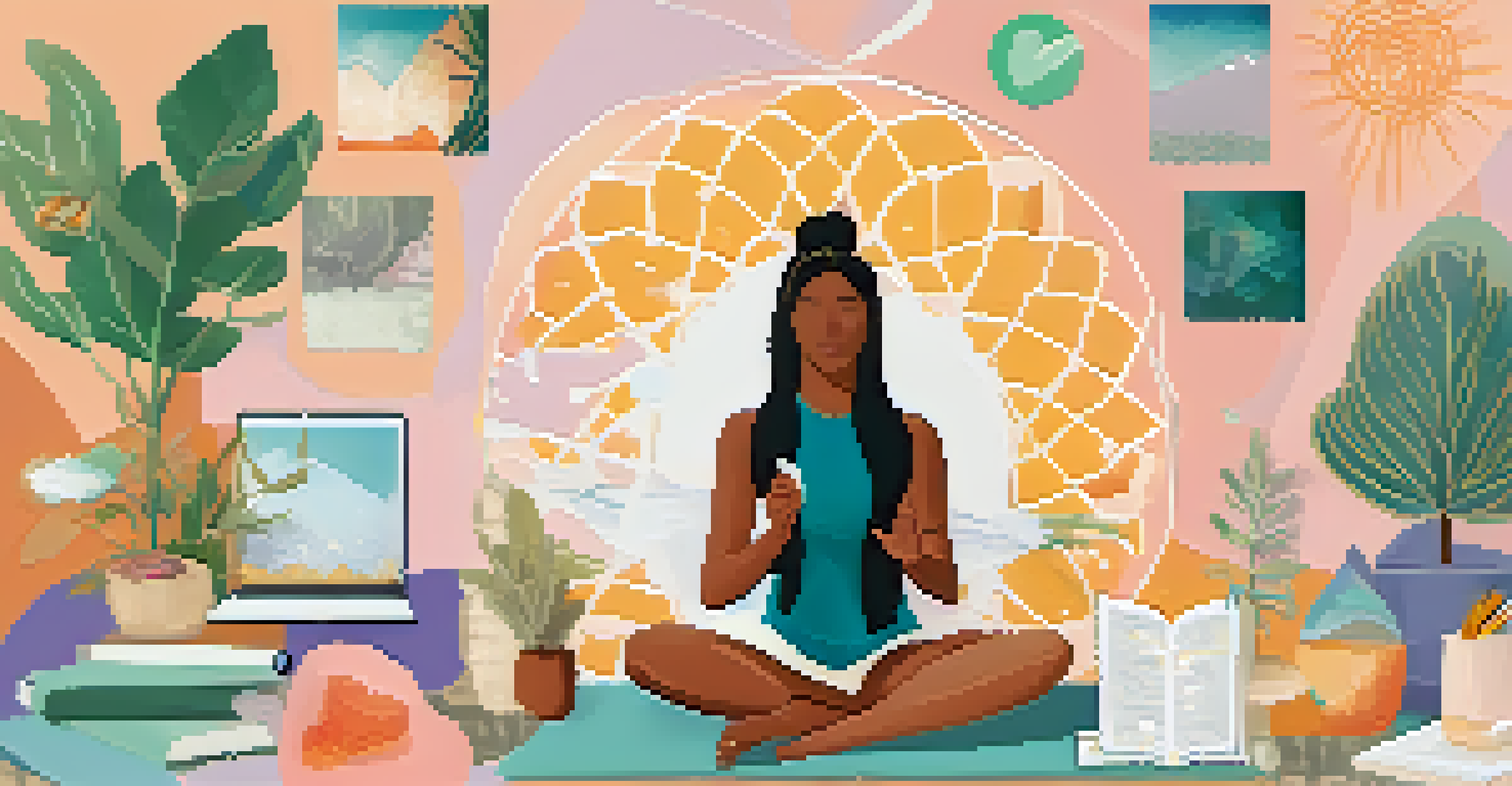 A colorful digital collage of self-care activities like journaling, yoga, and reading against a pastel background.