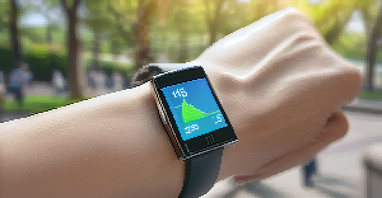 A close-up of a senior's wrist with a health-monitoring wearable device, against a blurred park background.