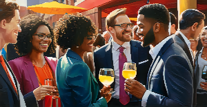 A diverse group of professionals networking at an event, smiling and exchanging business cards in a warm, inviting setting.