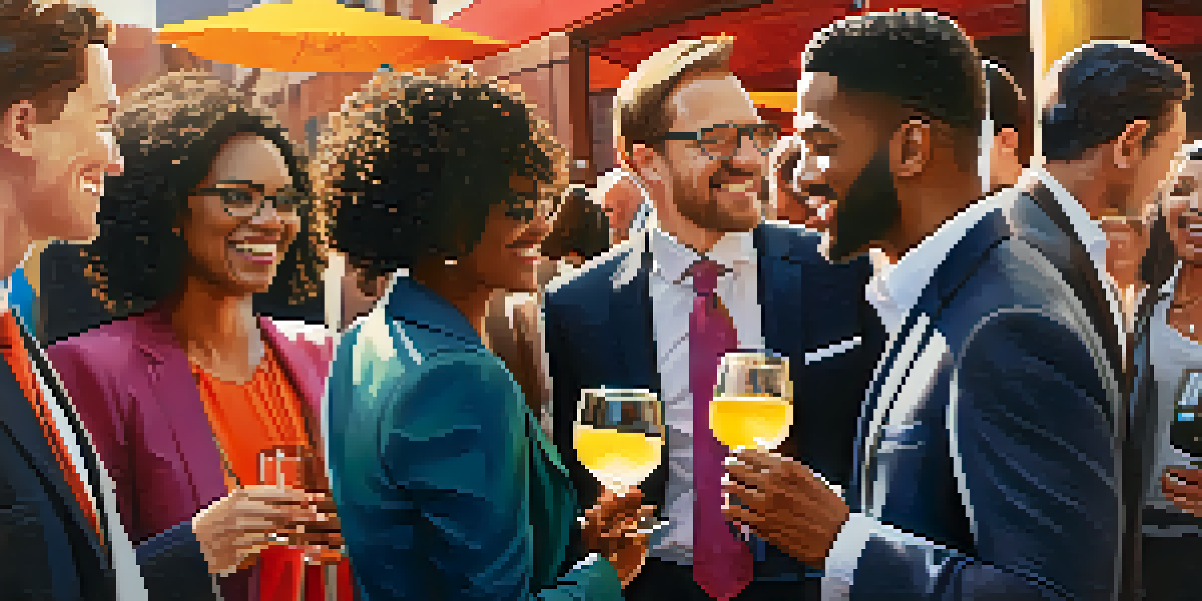 A diverse group of professionals networking at an event, smiling and exchanging business cards in a warm, inviting setting.