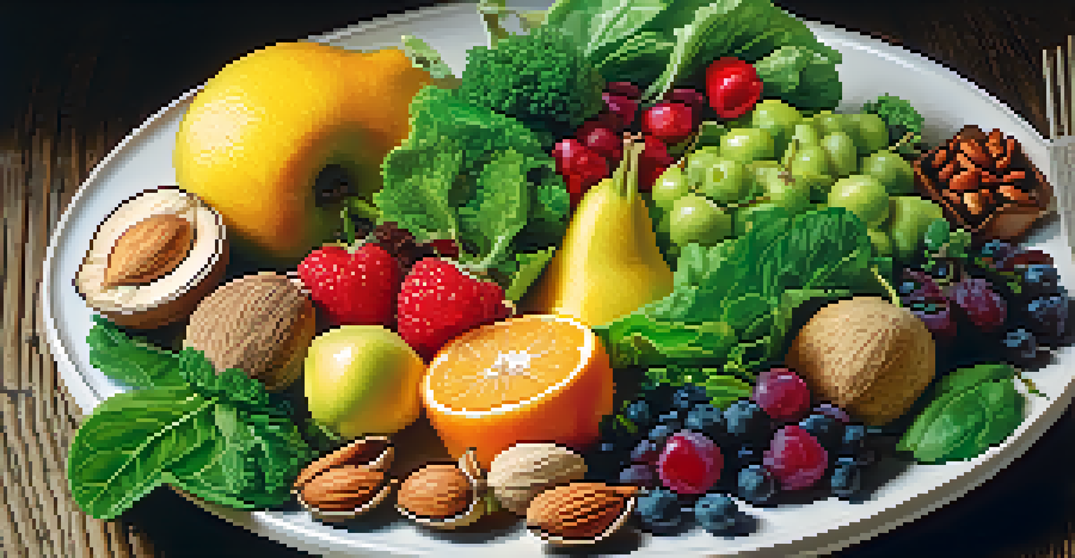 A plate filled with colorful, nutritious foods like greens, fruits, and nuts, symbolizing a balanced diet for oral health and diabetes management.