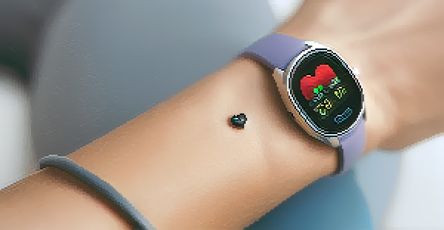 A close-up of a wearable health device on a wrist showing heart rate, with a blurred background of fruits and a yoga mat.