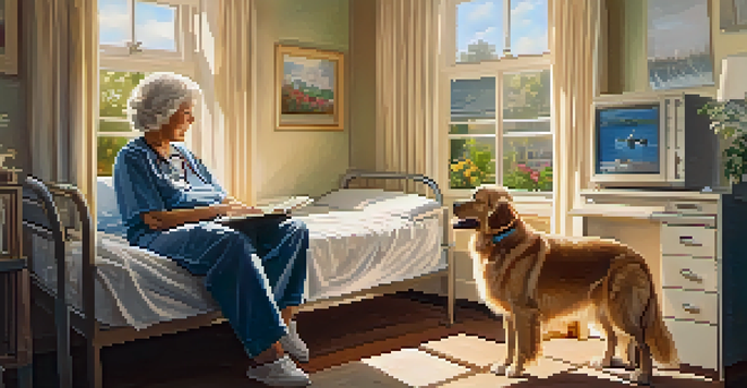 A therapy dog sits beside an elderly woman in a hospital room, both looking content as the sun shines through the window.