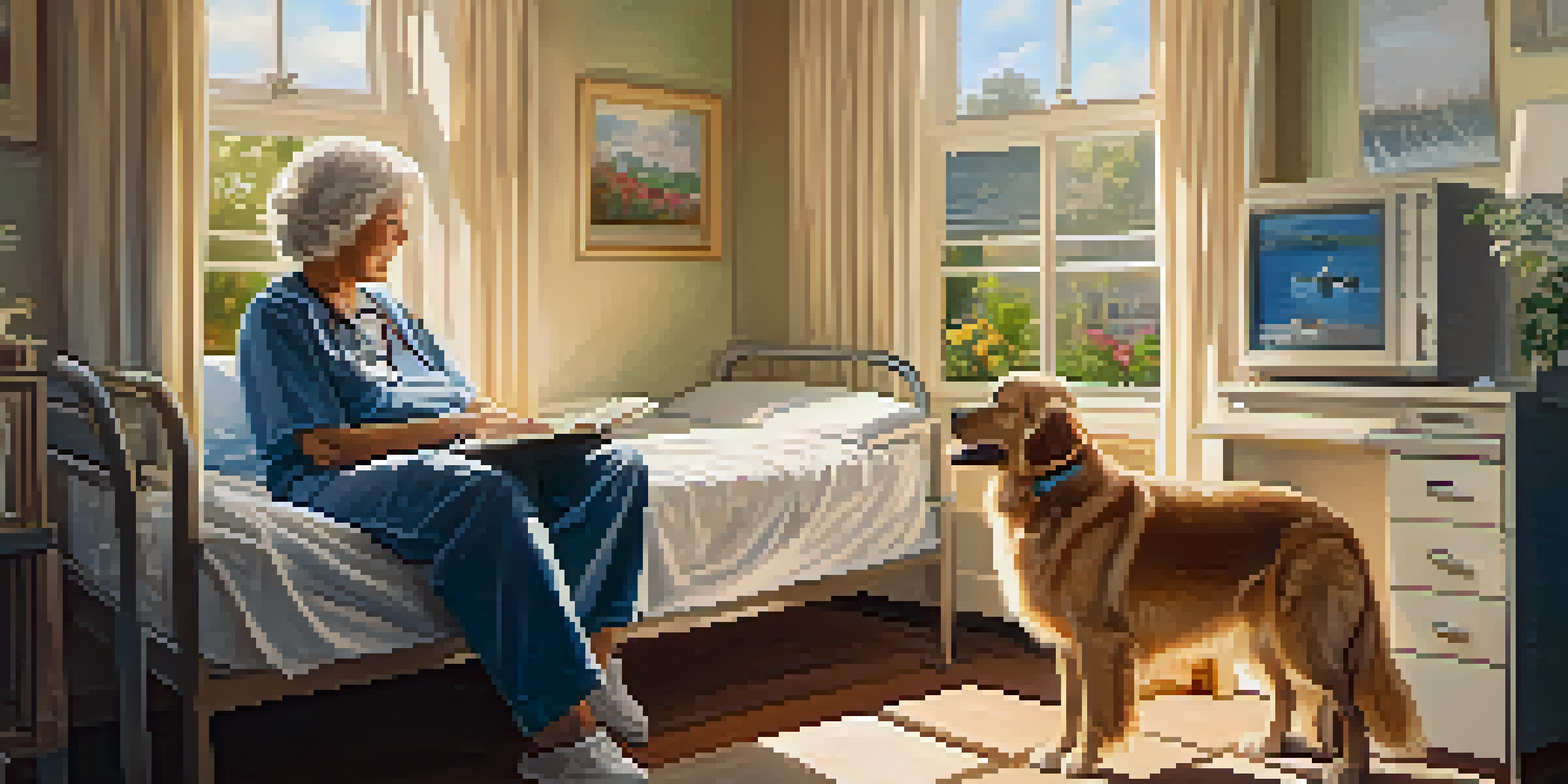 A therapy dog sits beside an elderly woman in a hospital room, both looking content as the sun shines through the window.