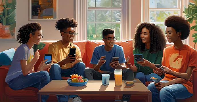 A diverse group of teenagers sitting in a cozy living room, discussing social media with smartphones in hand.