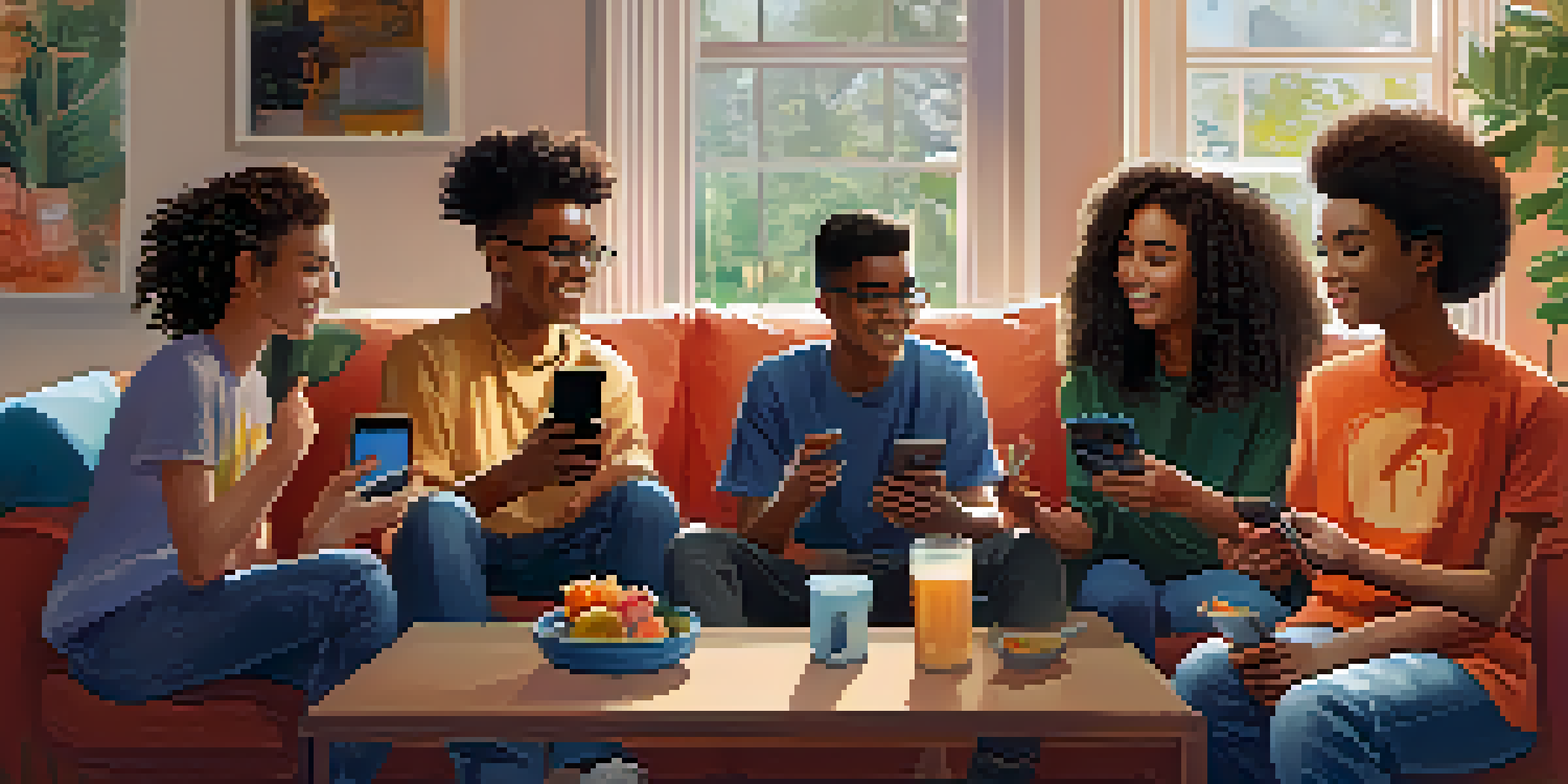 A diverse group of teenagers sitting in a cozy living room, discussing social media with smartphones in hand.