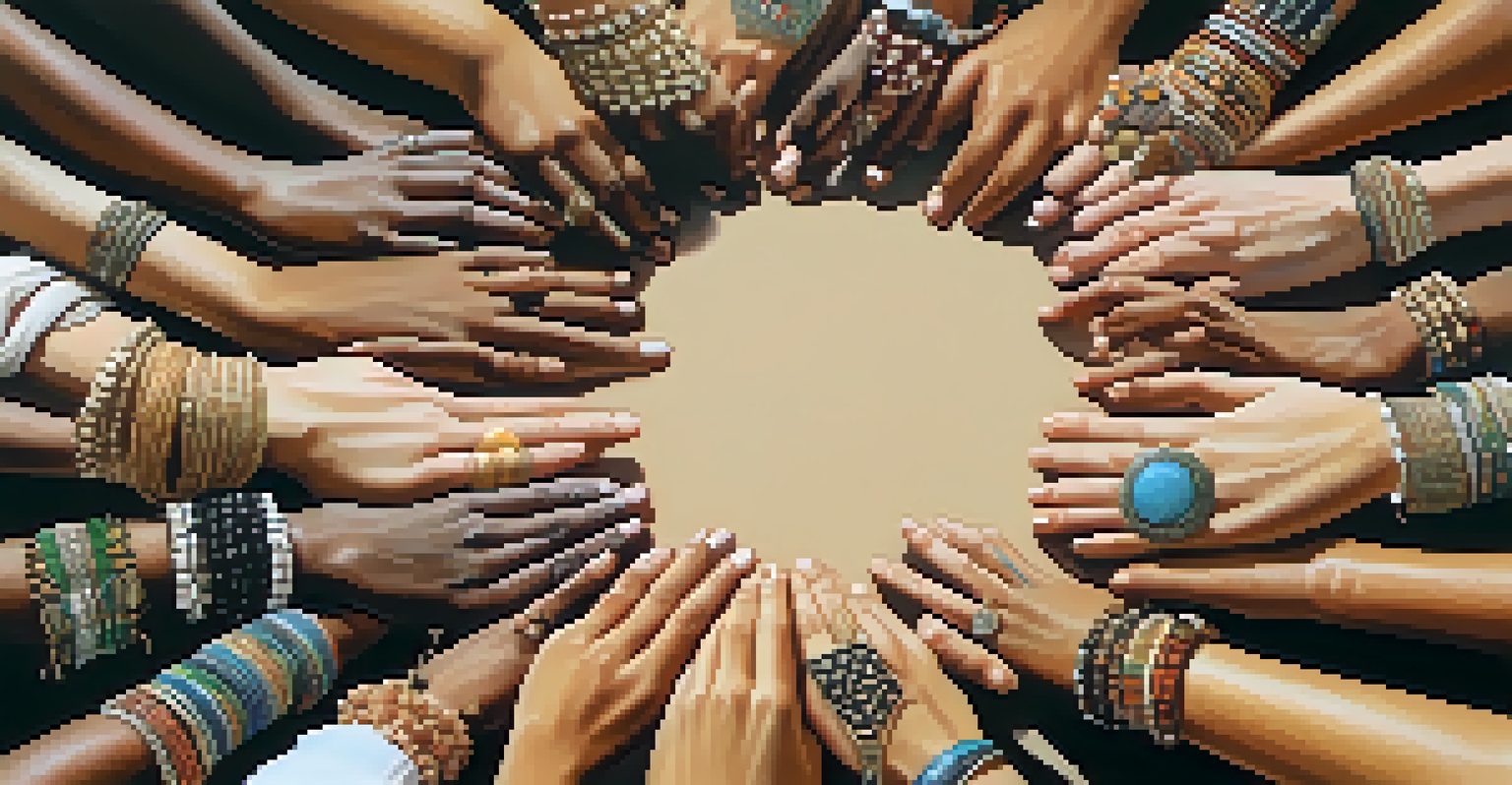 A collage of diverse hands forming a circle, symbolizing unity and respect for different cultures, with traditional jewelry and varying skin tones.