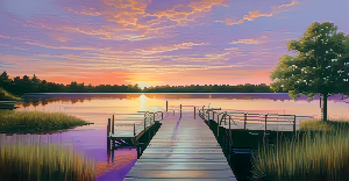 A tranquil sunset over a calm lake with a wooden dock and lush green trees.
