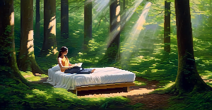 A person meditating in a sunny forest, surrounded by green trees and flowers, conveying a sense of peace and tranquility.