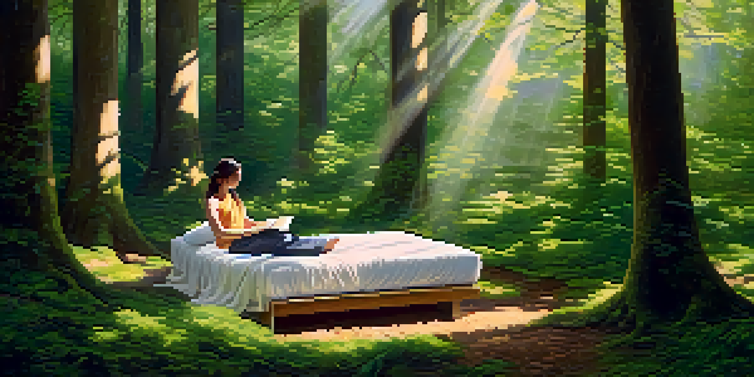 A person meditating in a sunny forest, surrounded by green trees and flowers, conveying a sense of peace and tranquility.