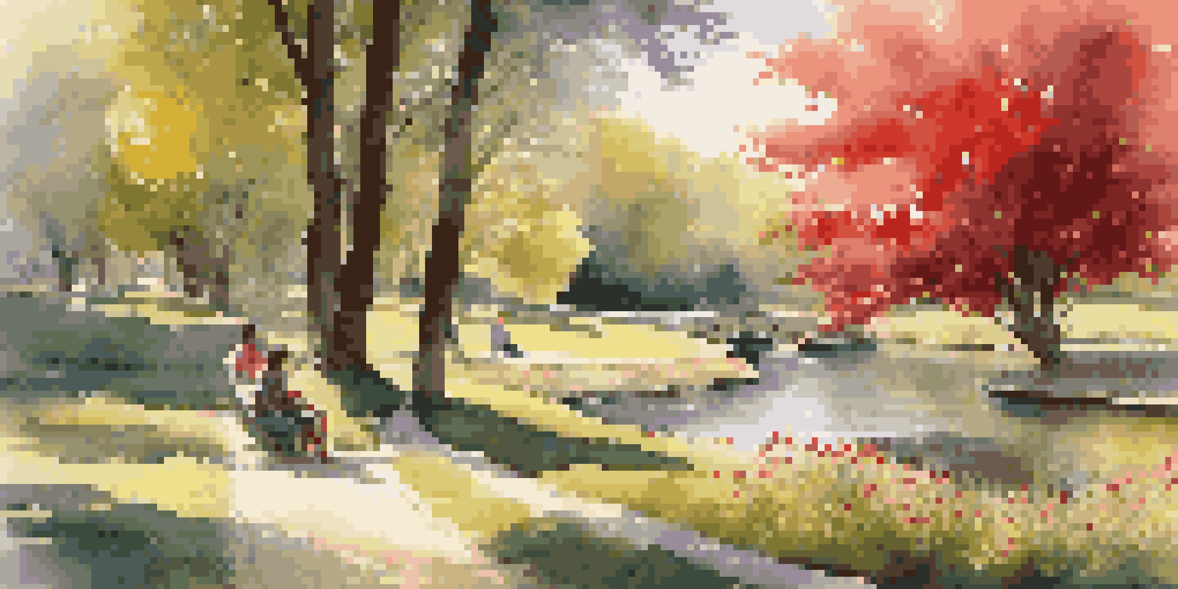 A peaceful park with a stream, people relaxing on benches, and flowers blooming in a sunlit setting.